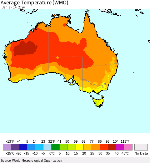 Australia Average Temperature (WMO) Thematic Map For 1/8/2024 - 1/14/2024