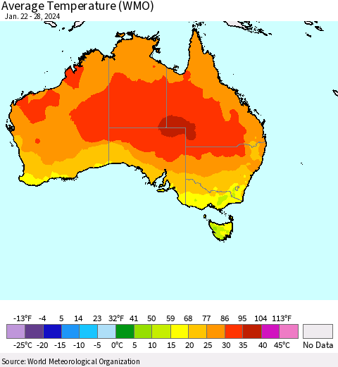 Australia Average Temperature (WMO) Thematic Map For 1/22/2024 - 1/28/2024