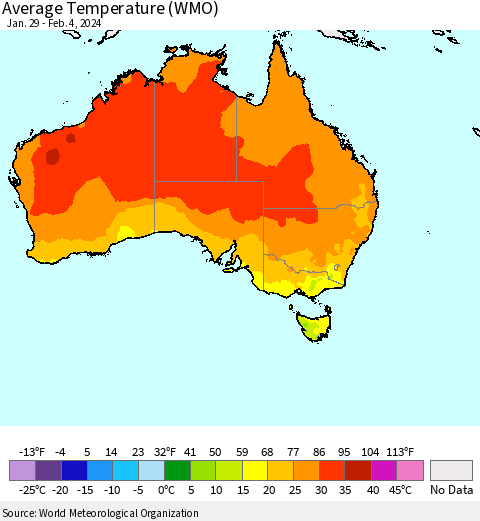 Australia Average Temperature (WMO) Thematic Map For 1/29/2024 - 2/4/2024