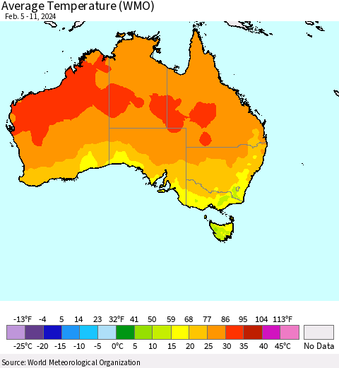 Australia Average Temperature (WMO) Thematic Map For 2/5/2024 - 2/11/2024