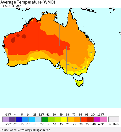 Australia Average Temperature (WMO) Thematic Map For 2/12/2024 - 2/18/2024