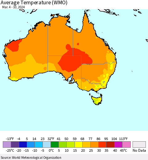 Australia Average Temperature (WMO) Thematic Map For 3/4/2024 - 3/10/2024