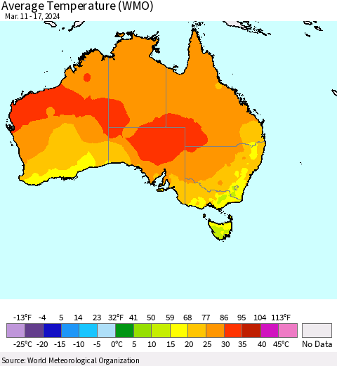 Australia Average Temperature (WMO) Thematic Map For 3/11/2024 - 3/17/2024