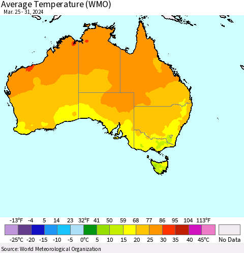 Australia Average Temperature (WMO) Thematic Map For 3/25/2024 - 3/31/2024