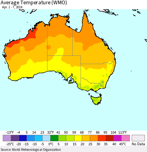Australia Average Temperature (WMO) Thematic Map For 4/1/2024 - 4/7/2024