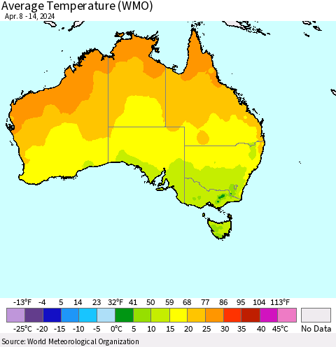 Australia Average Temperature (WMO) Thematic Map For 4/8/2024 - 4/14/2024