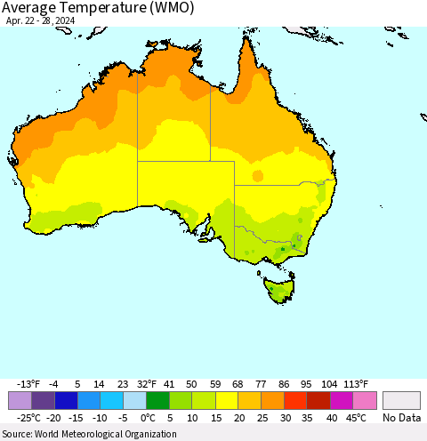 Australia Average Temperature (WMO) Thematic Map For 4/22/2024 - 4/28/2024