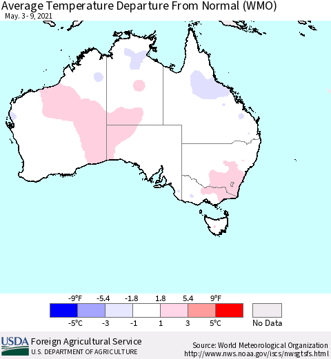 Australia Average Temperature Departure from Normal (WMO) Thematic Map For 5/3/2021 - 5/9/2021