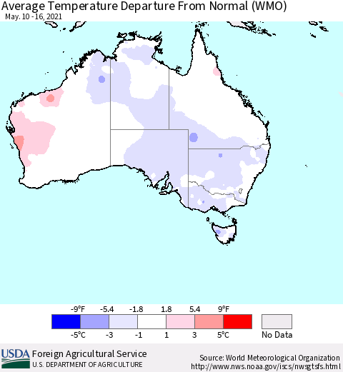 Australia Average Temperature Departure from Normal (WMO) Thematic Map For 5/10/2021 - 5/16/2021