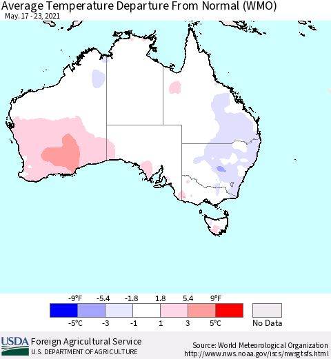 Australia Average Temperature Departure from Normal (WMO) Thematic Map For 5/17/2021 - 5/23/2021
