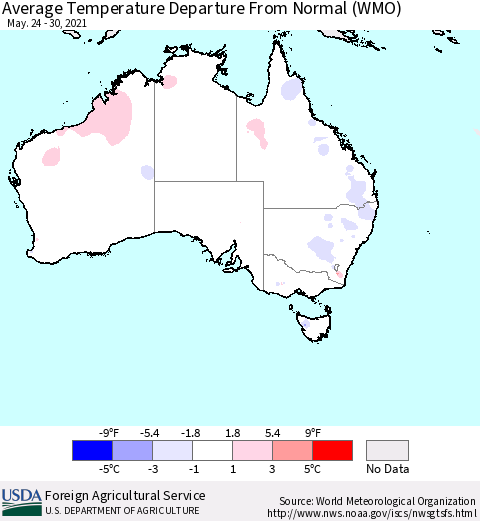 Australia Average Temperature Departure from Normal (WMO) Thematic Map For 5/24/2021 - 5/30/2021