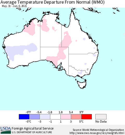 Australia Average Temperature Departure from Normal (WMO) Thematic Map For 5/31/2021 - 6/6/2021