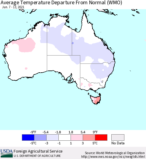 Australia Average Temperature Departure from Normal (WMO) Thematic Map For 6/7/2021 - 6/13/2021