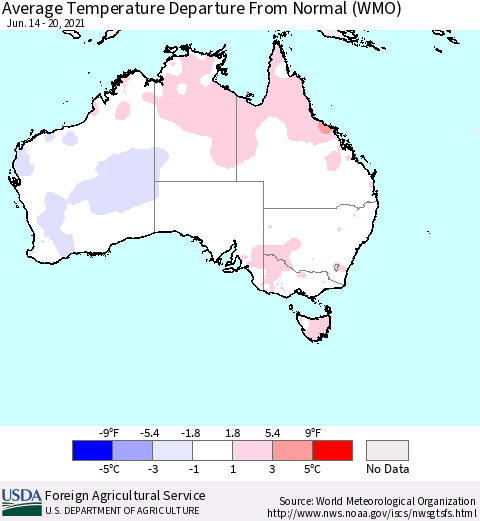 Australia Average Temperature Departure from Normal (WMO) Thematic Map For 6/14/2021 - 6/20/2021