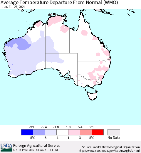 Australia Average Temperature Departure from Normal (WMO) Thematic Map For 6/21/2021 - 6/27/2021