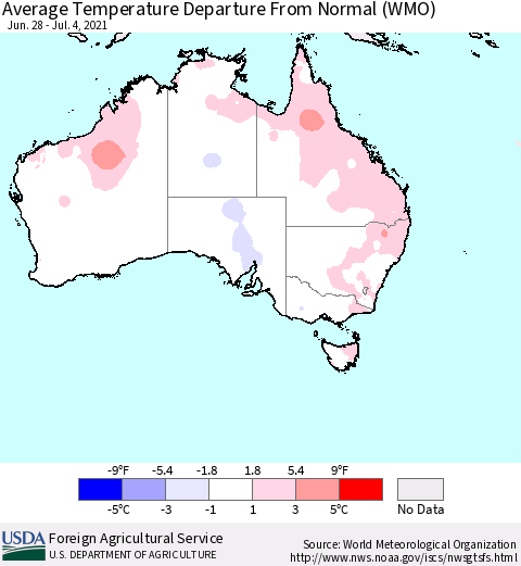 Australia Average Temperature Departure from Normal (WMO) Thematic Map For 6/28/2021 - 7/4/2021
