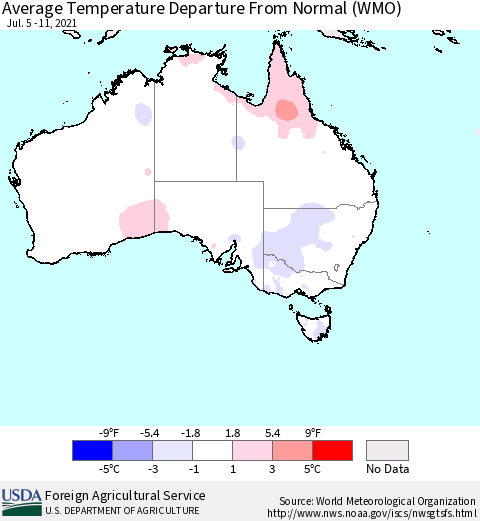 Australia Average Temperature Departure from Normal (WMO) Thematic Map For 7/5/2021 - 7/11/2021