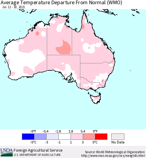 Australia Average Temperature Departure from Normal (WMO) Thematic Map For 7/12/2021 - 7/18/2021
