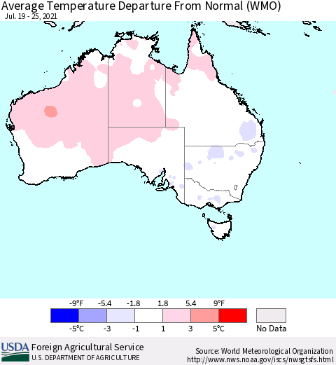 Australia Average Temperature Departure from Normal (WMO) Thematic Map For 7/19/2021 - 7/25/2021
