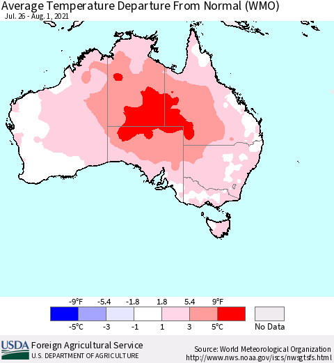 Australia Average Temperature Departure from Normal (WMO) Thematic Map For 7/26/2021 - 8/1/2021