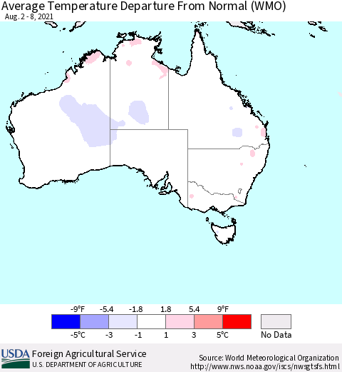Australia Average Temperature Departure from Normal (WMO) Thematic Map For 8/2/2021 - 8/8/2021