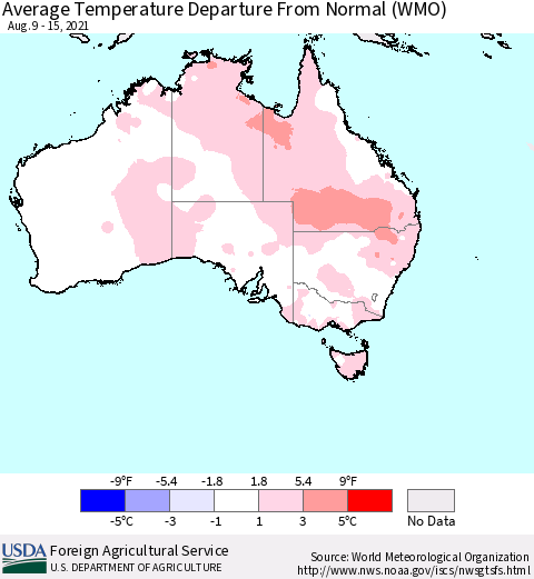 Australia Average Temperature Departure from Normal (WMO) Thematic Map For 8/9/2021 - 8/15/2021