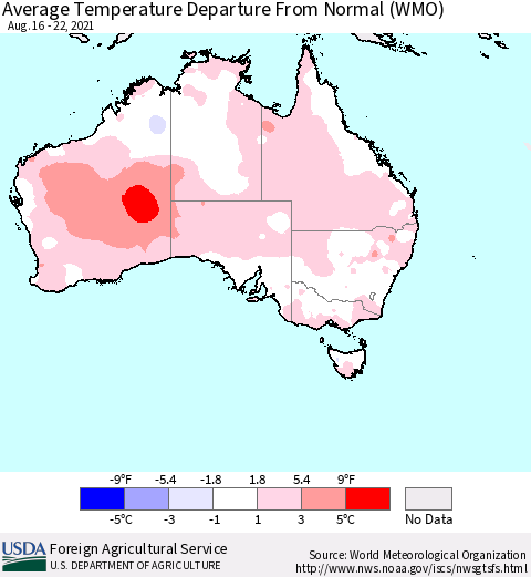 Australia Average Temperature Departure from Normal (WMO) Thematic Map For 8/16/2021 - 8/22/2021