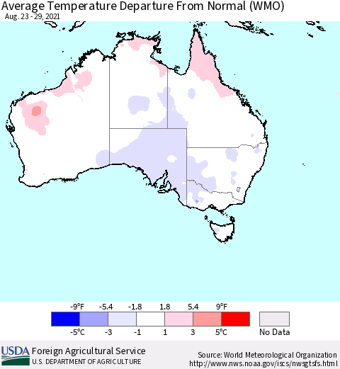 Australia Average Temperature Departure from Normal (WMO) Thematic Map For 8/23/2021 - 8/29/2021