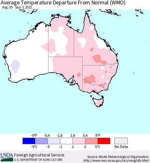 Australia Average Temperature Departure from Normal (WMO) Thematic Map For 8/30/2021 - 9/5/2021