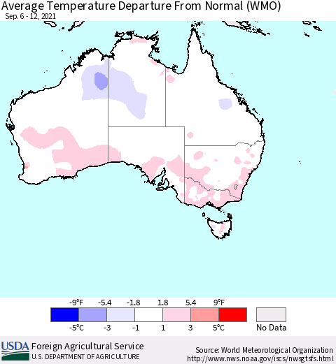 Australia Average Temperature Departure from Normal (WMO) Thematic Map For 9/6/2021 - 9/12/2021