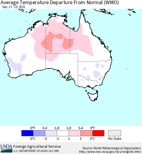 Australia Average Temperature Departure from Normal (WMO) Thematic Map For 9/13/2021 - 9/19/2021
