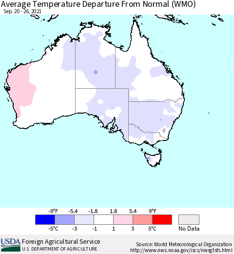 Australia Average Temperature Departure from Normal (WMO) Thematic Map For 9/20/2021 - 9/26/2021