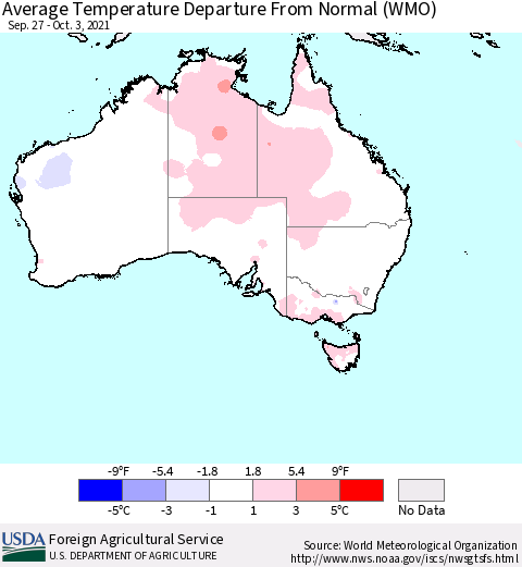 Australia Average Temperature Departure from Normal (WMO) Thematic Map For 9/27/2021 - 10/3/2021