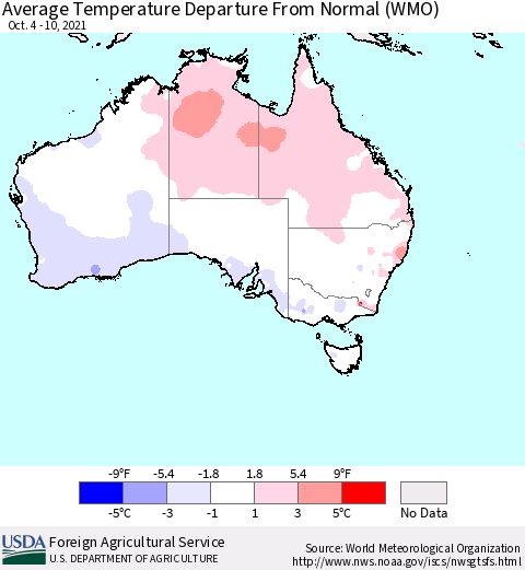 Australia Average Temperature Departure from Normal (WMO) Thematic Map For 10/4/2021 - 10/10/2021