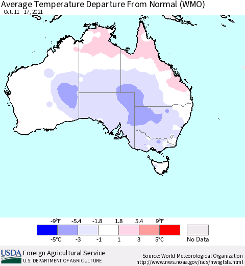 Australia Average Temperature Departure from Normal (WMO) Thematic Map For 10/11/2021 - 10/17/2021