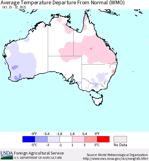 Australia Average Temperature Departure from Normal (WMO) Thematic Map For 10/25/2021 - 10/31/2021