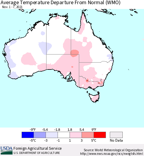 Australia Average Temperature Departure from Normal (WMO) Thematic Map For 11/1/2021 - 11/7/2021