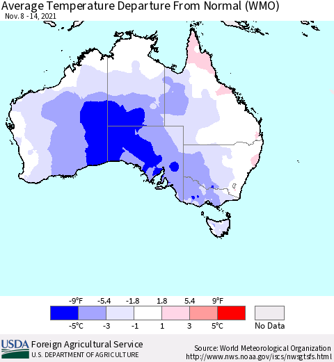 Australia Average Temperature Departure from Normal (WMO) Thematic Map For 11/8/2021 - 11/14/2021