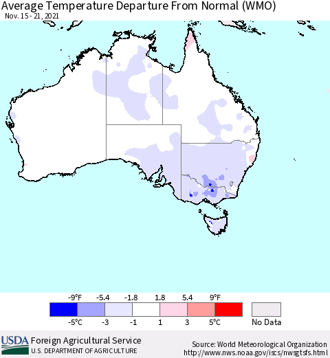 Australia Average Temperature Departure from Normal (WMO) Thematic Map For 11/15/2021 - 11/21/2021