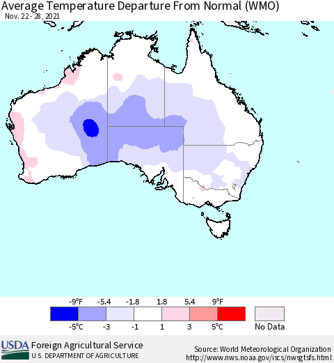Australia Average Temperature Departure from Normal (WMO) Thematic Map For 11/22/2021 - 11/28/2021