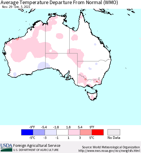 Australia Average Temperature Departure from Normal (WMO) Thematic Map For 11/29/2021 - 12/5/2021