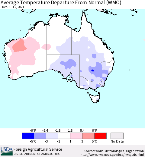 Australia Average Temperature Departure from Normal (WMO) Thematic Map For 12/6/2021 - 12/12/2021