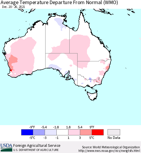 Australia Average Temperature Departure from Normal (WMO) Thematic Map For 12/20/2021 - 12/26/2021