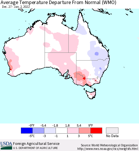 Australia Average Temperature Departure from Normal (WMO) Thematic Map For 12/27/2021 - 1/2/2022