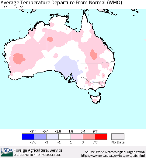 Australia Average Temperature Departure from Normal (WMO) Thematic Map For 1/3/2022 - 1/9/2022