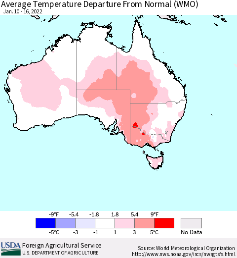 Australia Average Temperature Departure from Normal (WMO) Thematic Map For 1/10/2022 - 1/16/2022