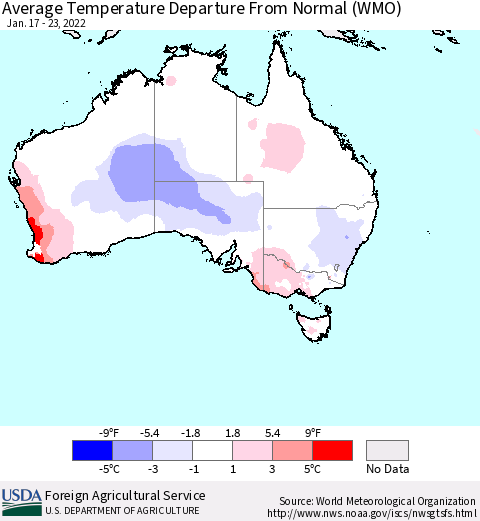 Australia Average Temperature Departure from Normal (WMO) Thematic Map For 1/17/2022 - 1/23/2022