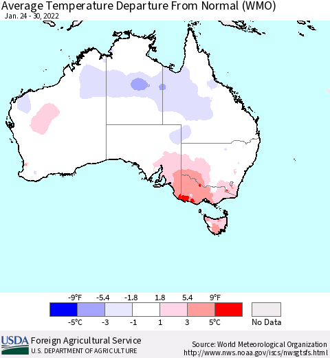 Australia Average Temperature Departure from Normal (WMO) Thematic Map For 1/24/2022 - 1/30/2022