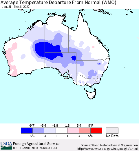 Australia Average Temperature Departure from Normal (WMO) Thematic Map For 1/31/2022 - 2/6/2022