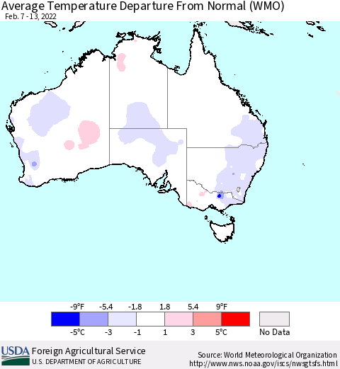 Australia Average Temperature Departure from Normal (WMO) Thematic Map For 2/7/2022 - 2/13/2022
